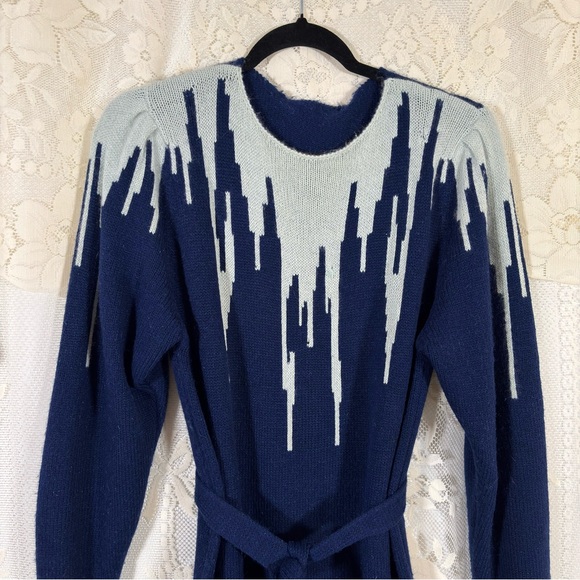 Vintage 80s Knit Sweater Dress Navy Blue Grey Long Sleeve Belted Size Medium - Picture 5 of 9